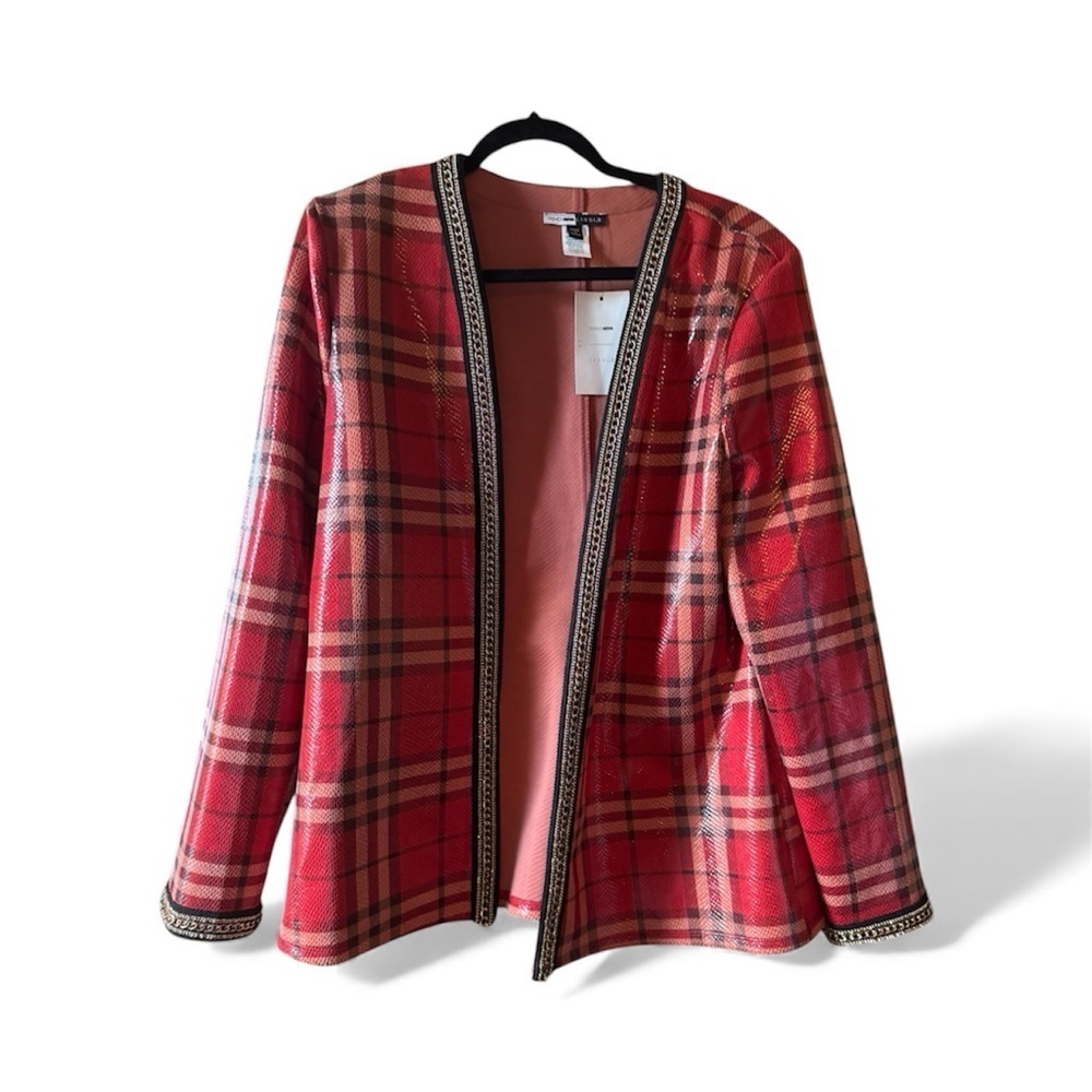 Fashion Nova Red Plaid Blazer with Black Trim